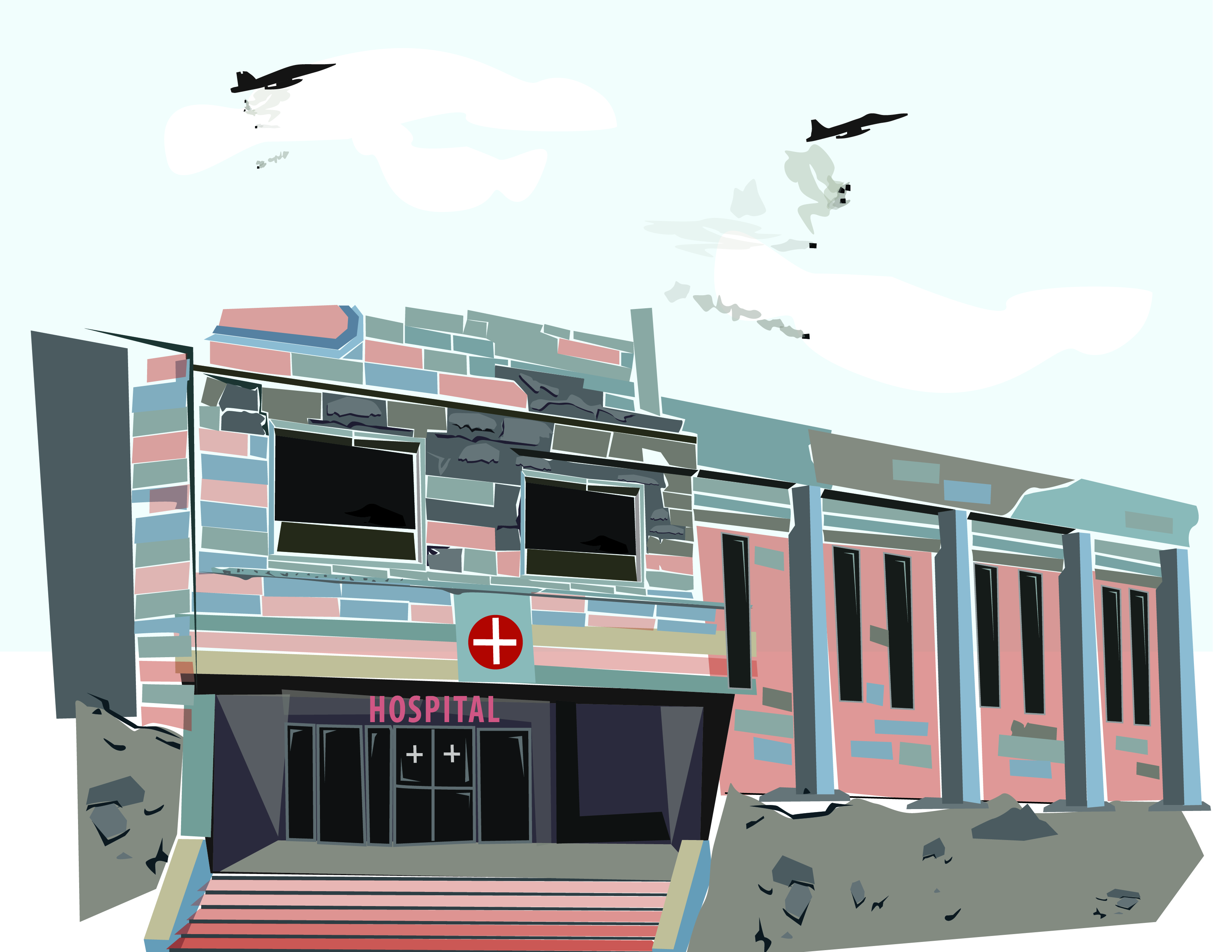Illustration: planes dropping bombs on hospital