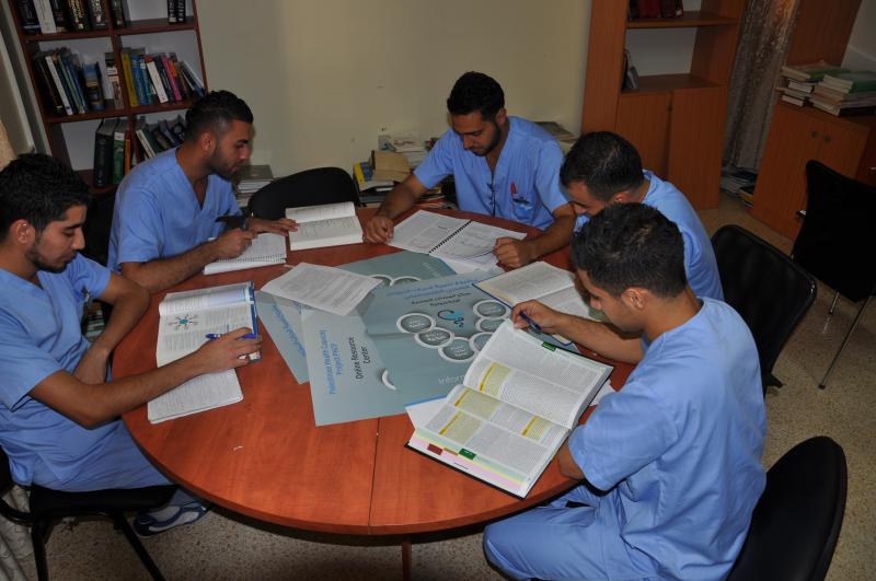 A group of residents study during their break in the new online resource center at the hospital in Jenin, Palestine. Photo courtesy of Stephanie Brantley.