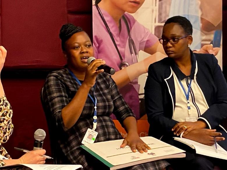 Margaret Odera speaks during a side session, Accelerating Progress Toward UHC, at the Prince Mahidol Award Conference in Thailand in January 2020. “I want the world to know there is someone who is called a community health worker who has challenges,” says Margaret. Photo courtesy of Vince Blaser.